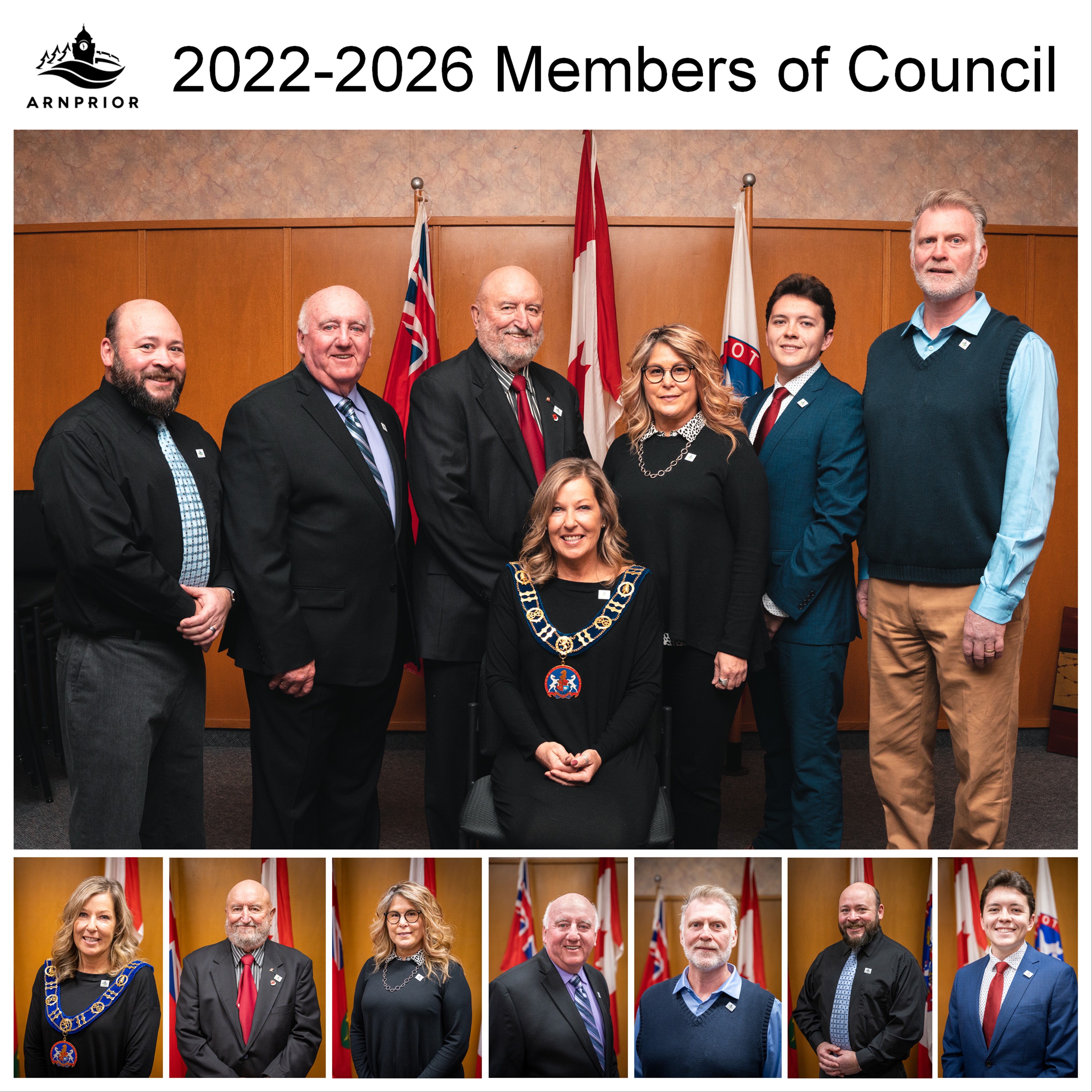 Photograph of the 2022-2026 Members of Council with individual portraits and group photo