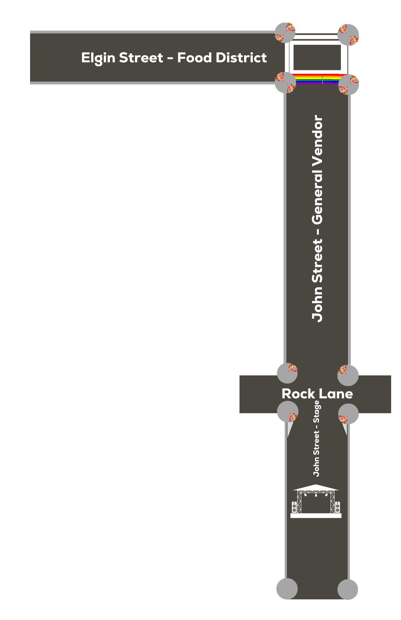 Event Map A map of John Street and Elgin Street with districts marked out.