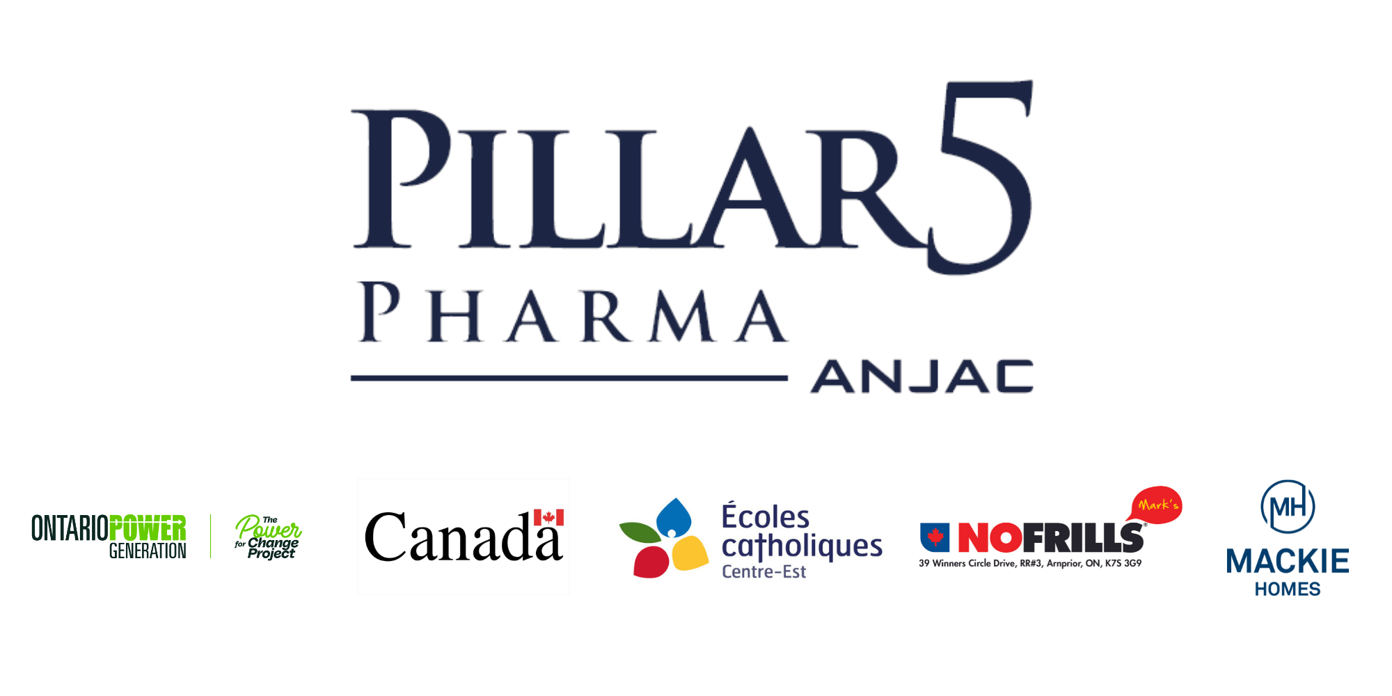 Sponsor logos of Pillar 5, CECCE, Canadian Government, Ontario Power Generation, Mackie Homes, and No Frills.