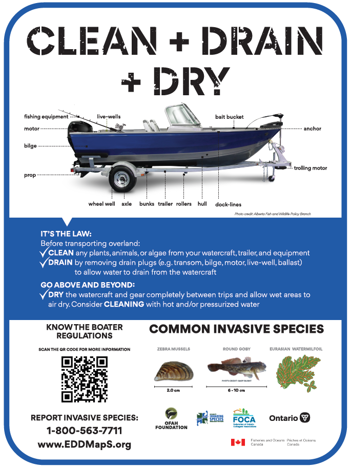 A sign from the Ministry of Fisheries and Oceans about cleaning, draining and drying your boat with information on common invasive species. 