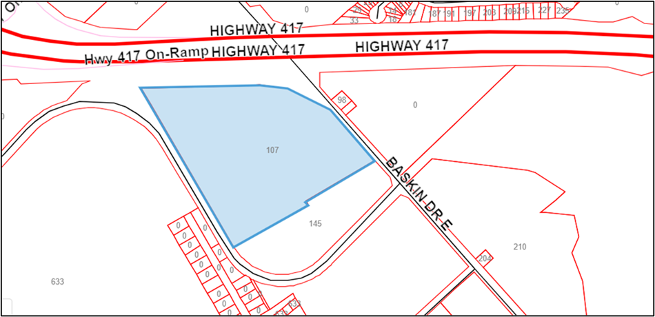 Map showing the location of 107 Baskin Drive East in relation to Division Street and Highway 417