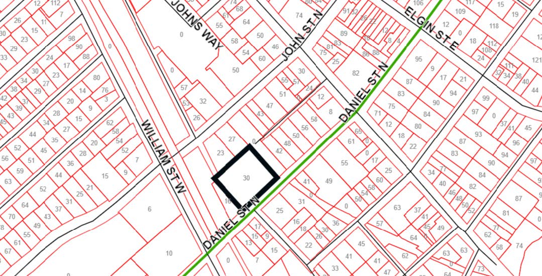 Map depicting the location of 30 Daniel Street North on the west side of the roadway across from the intersection of Atkinson Street