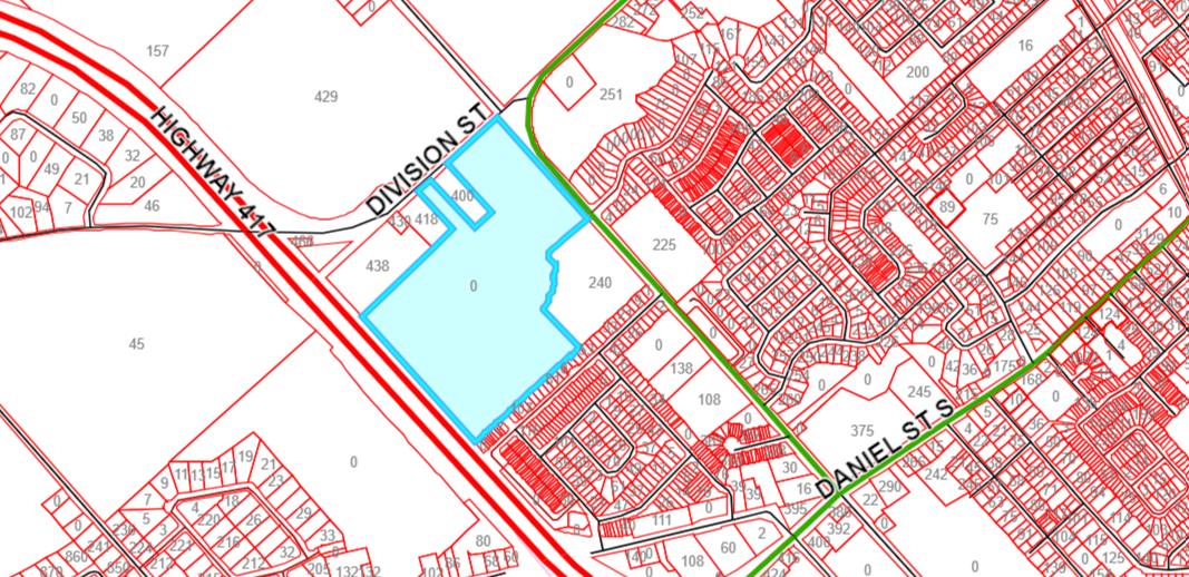 Map depicting the subject property near the southeasterly corner of the intersection of Division Street South, Baskin Drive West and Duncan Drive