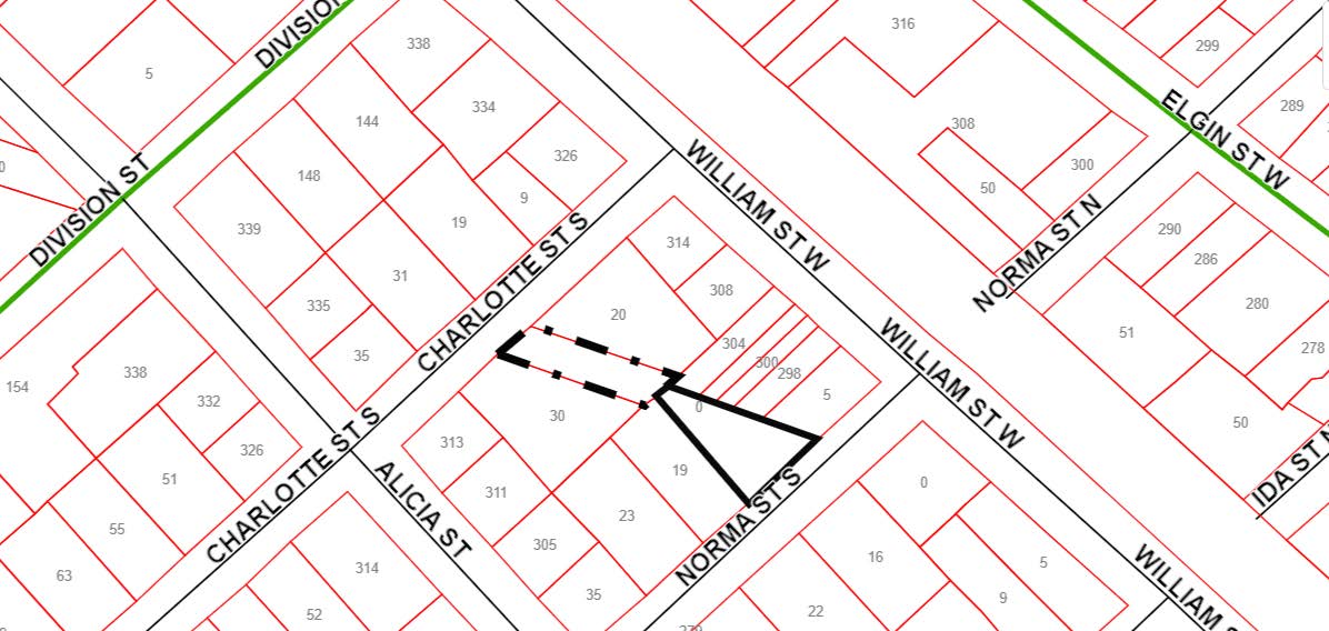 Map showing the location of 15 Norma Street South in relation to the surrounding streets of Division Street, Charlotte Street South, William Street West and Alicia Street