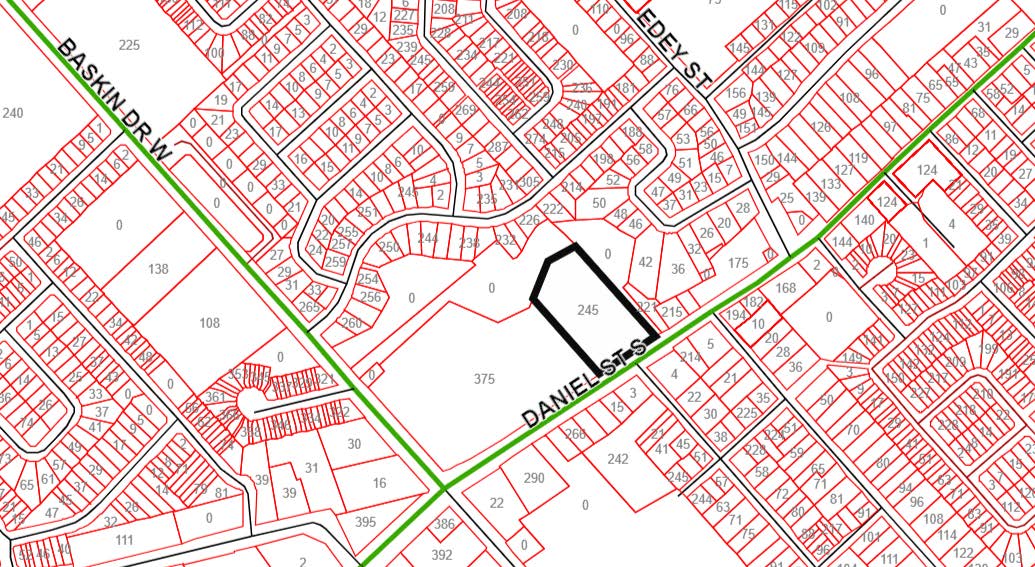 Map depicting the location of 245 Daniel Street South near the intersection of Daniel Street South and Arthur Street 